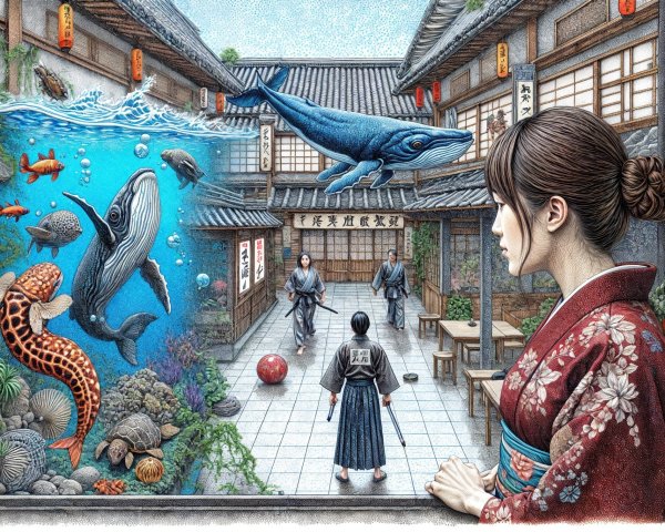 Woman in Kimono Overlooking Vibrant Japanese Scene