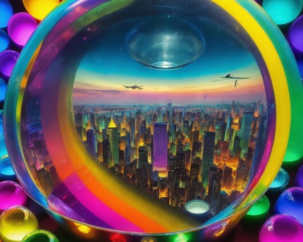 Futuristic cityscape in a transparent sphere with orbs