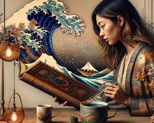 Woman with Book in Artistic Japanese-Inspired Setting