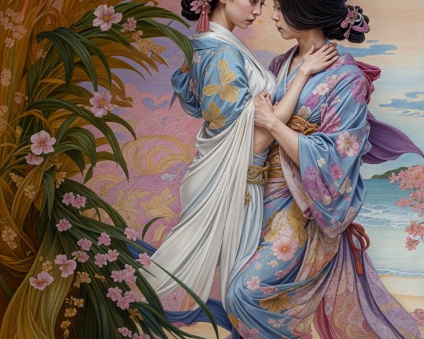 Artwork of Two Women in Kimonos Amid Cherry Blossoms