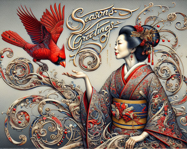 Ornate Digital Artwork of Japanese Woman and Cardinal