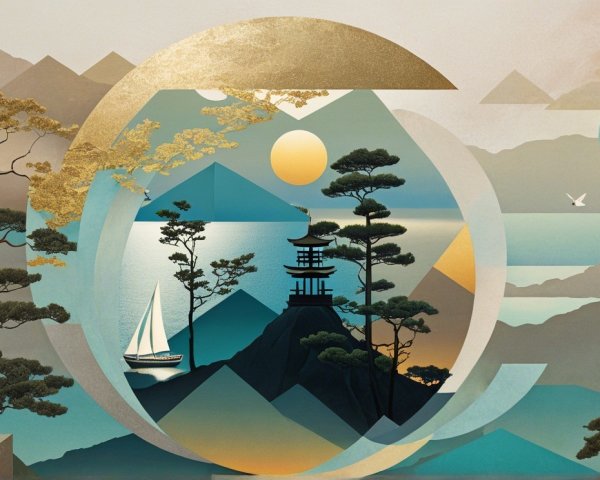 Serene Landscape with Geometric Shapes and Mountains