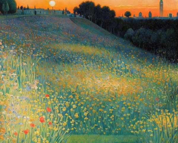 Vibrant Sunset Landscape with Colorful Wildflowers