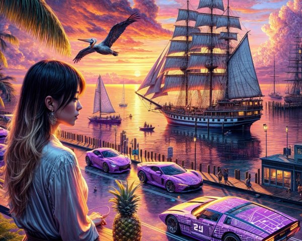Vibrant Sunset Over Harbor with Tall Ship and Palm Trees