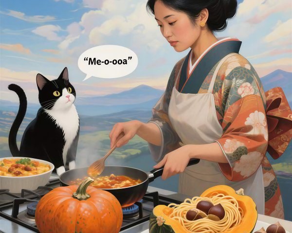 Woman in Kimono Cooking Soup in Kitchen with Cat