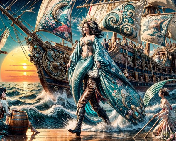 Mermaid Emerges from Ocean with Vibrant Sunset Backdrop