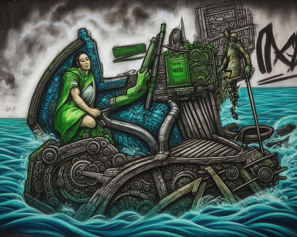 Steampunk Digital Painting of a Futuristic Boat Scene