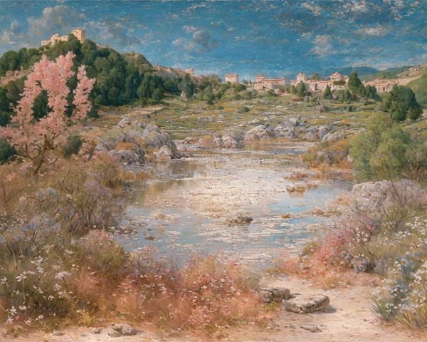 Romantic Landscape with Almond Tree and Castle Ruins