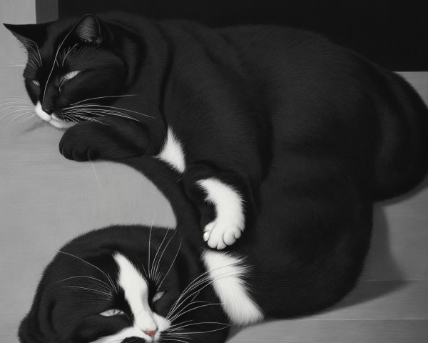 Black and white cats curled up in cozy pose