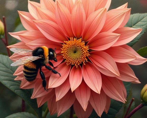 Close-up of a peach flower and bumblebee pollination