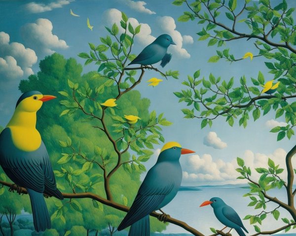 Vibrant Birds in a Serene Landscape with Lush Foliage