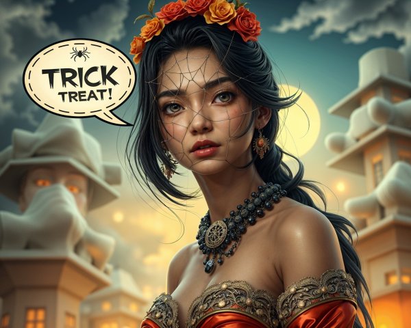 Young Woman in Orange Dress Surrounded by Spooky Scene