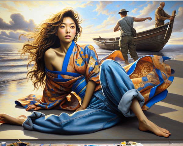 Woman in Kimono on Beach with Boat Preparation Scene