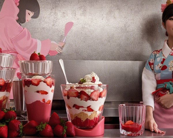 Woman in Kimono Next to Colorful Strawberry Parfaits