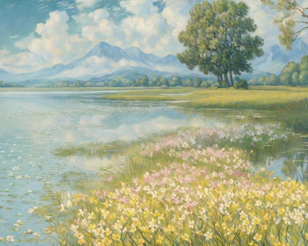 Tranquil Lake with Lush Greenery and Majestic Mountains