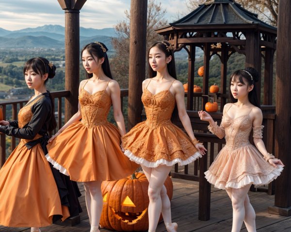 Dancers in Ballet Costumes Amid Autumn Scenery