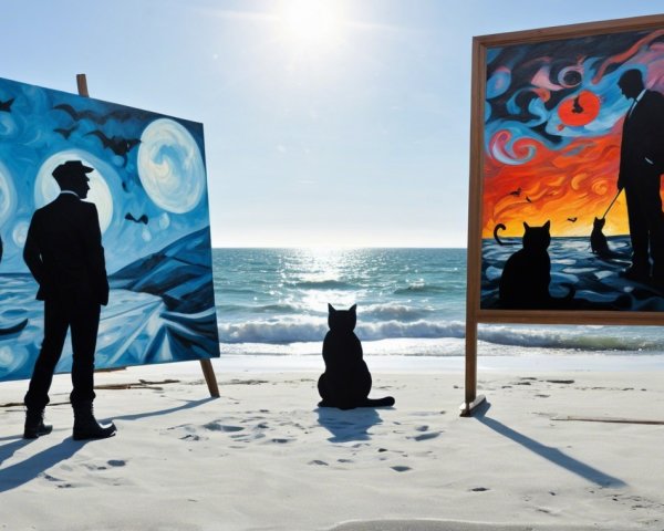 Beach Scene with Paintings and a Black Cat