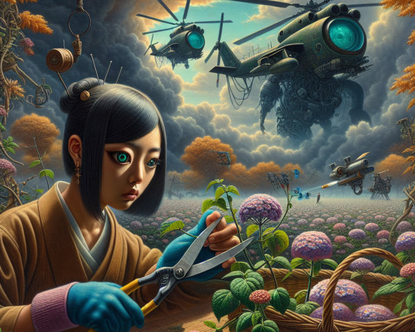 Surreal Garden with Young Girl and Steampunk Helicopters