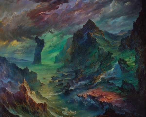 Dramatic Landscape with Mountains and Turbulent Sea