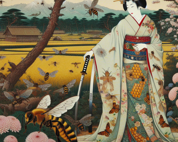 Kimono-clad Woman in Japanese Landscape with Bees