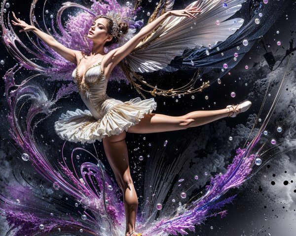 Ballet Dancer in Silver Costume with Colorful Wings
