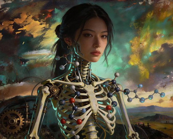 Painting of Asian Woman with Exposed Ribcage and Castle