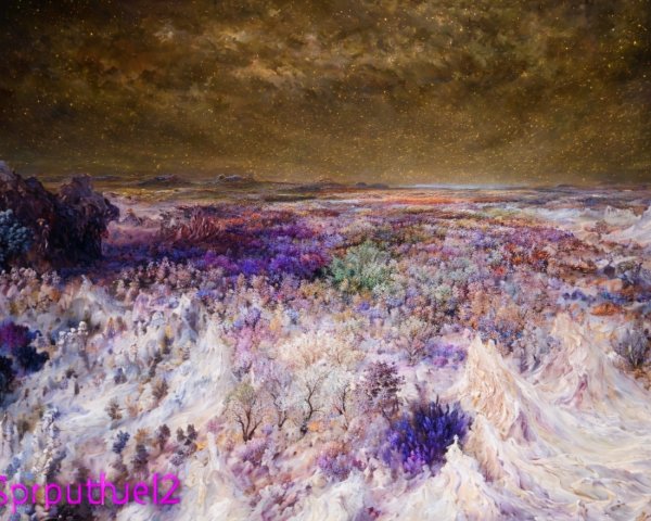 Otherworldly landscape with vibrant flora and dramatic sky