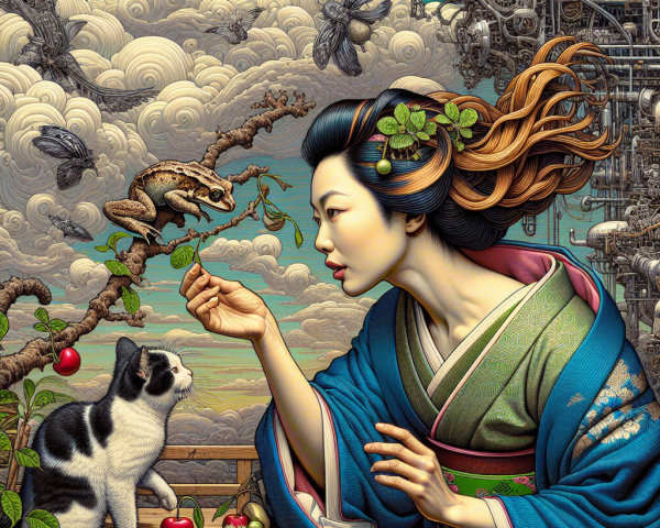 Serene Woman in Traditional Attire with Cat and Frog