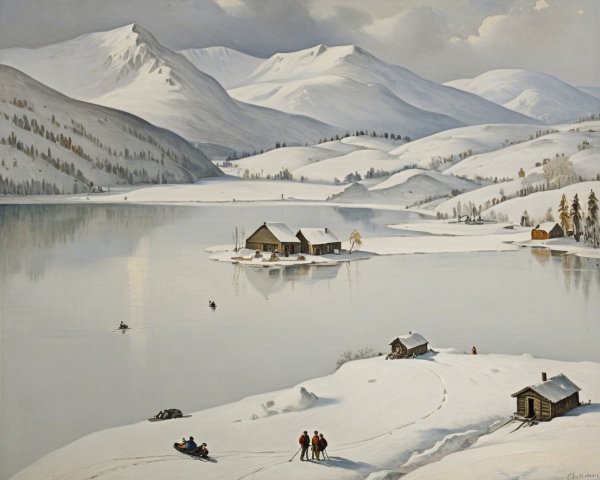 Winter Landscape with Snow-Covered Mountains and Lake