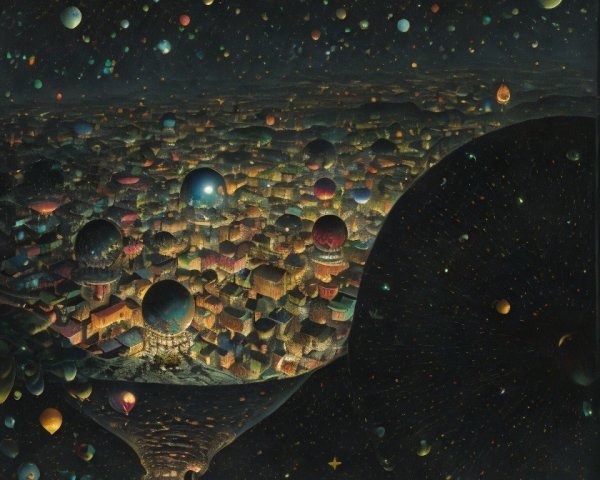 Cosmic Landscape with City in Crater and Water Reflection