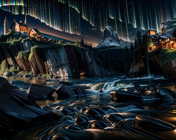 Rugged Landscape with Village and Cascading Waterfalls