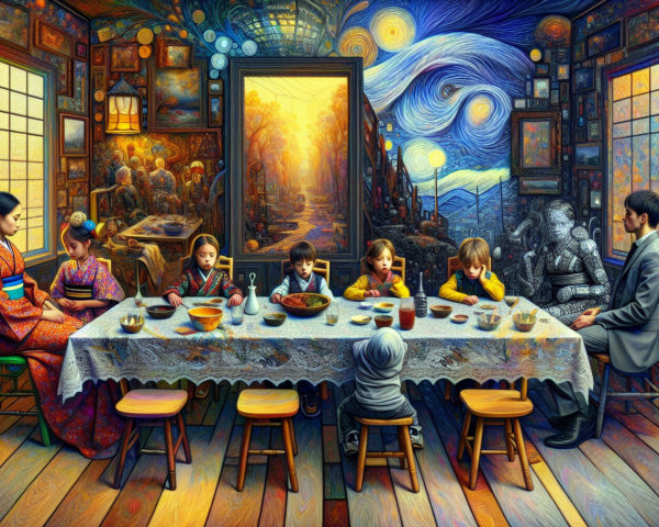 Surreal Dinner Scene in a Decorated Room