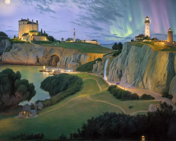 Coastal Landscape with Lighthouse and Castle Under Aurora