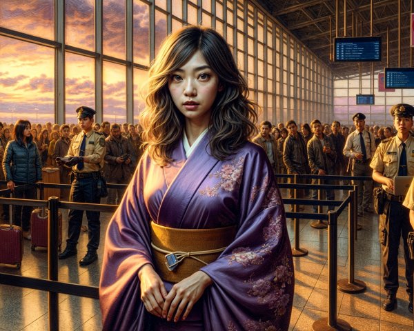 Young Woman in Kimono at Busy Airport Terminal
