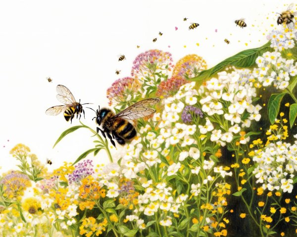 Vibrant Flower Scene with Pollinating Bees