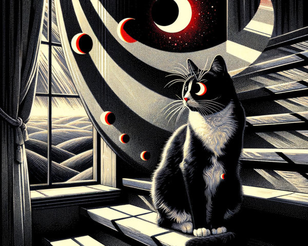 Black and White Illustration of Cat on Staircase