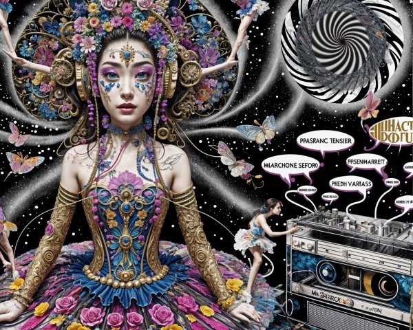 Surreal Artwork with Floral Gown and Cosmic Backdrop