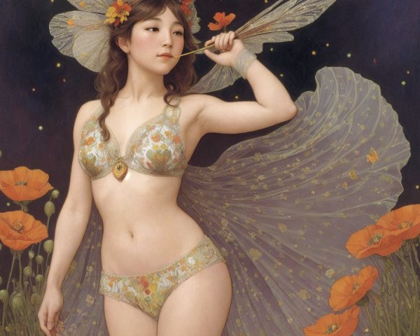 Whimsical Figure in Floral Lingerie Among Poppies