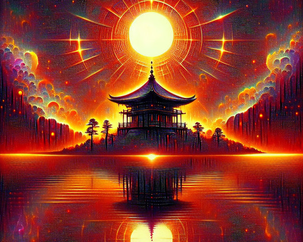 Surreal Landscape with Pagoda and Colossal Sun