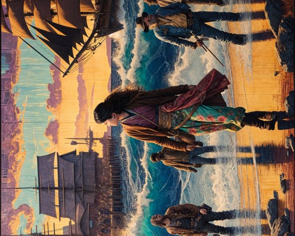 Dramatic Coastal Scene with Pirates and Majestic Ship