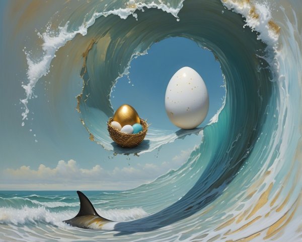 Surreal Coastal Scene with Waves and Nesting Eggs