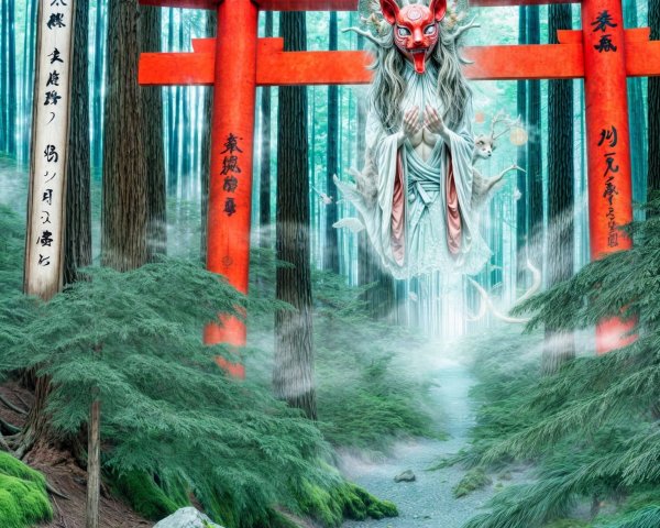 Mystical Forest Pathway with Torii Gates and Specter
