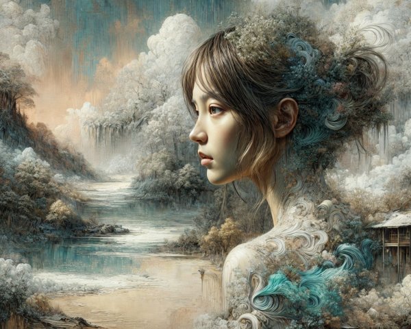 Surreal Portrait of Woman Merged with Landscape Elements