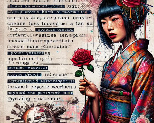 Artwork of Woman in Kimono with Futuristic Background
