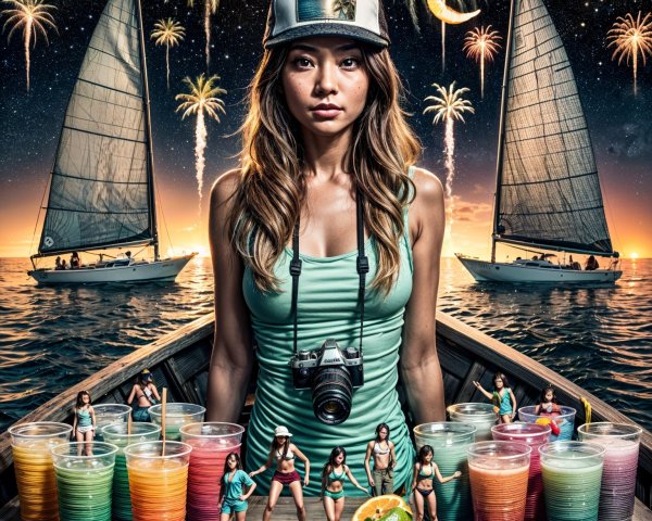 Woman on Boat with Colorful Drinks and Sunset View