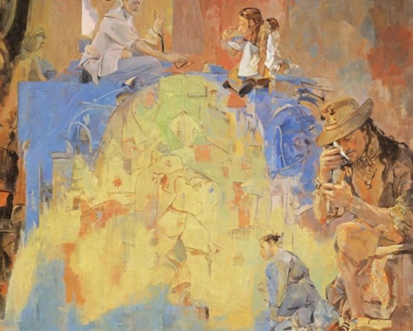 Vibrant Abstract Composition with Figures in Activities