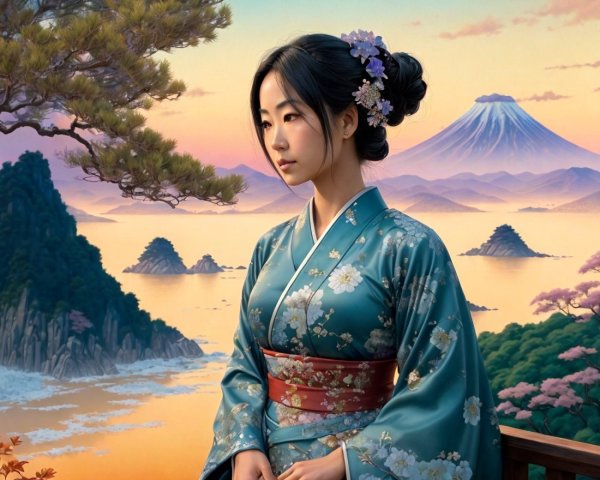 Young Woman in Kimono with Mount Fuji at Sunset