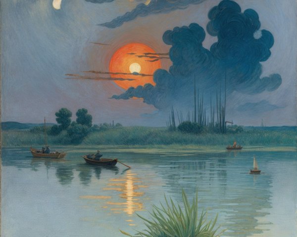 Tranquil River at Sunset with Boats and Lush Shoreline