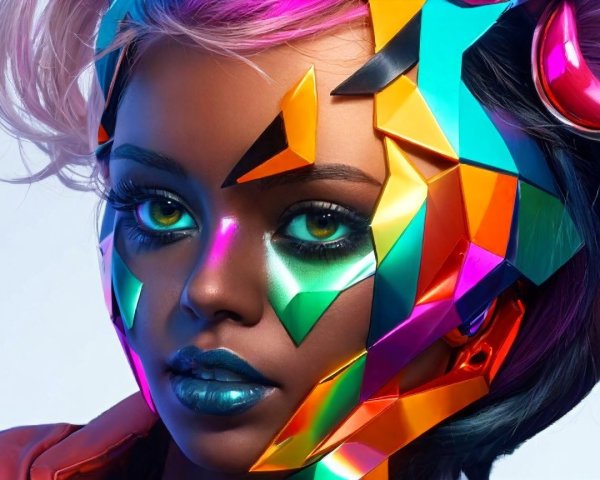Portrait of a model with vibrant geometric face art