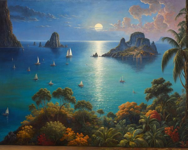 Coastal Landscape at Sunset with Sailboats and Cliffs